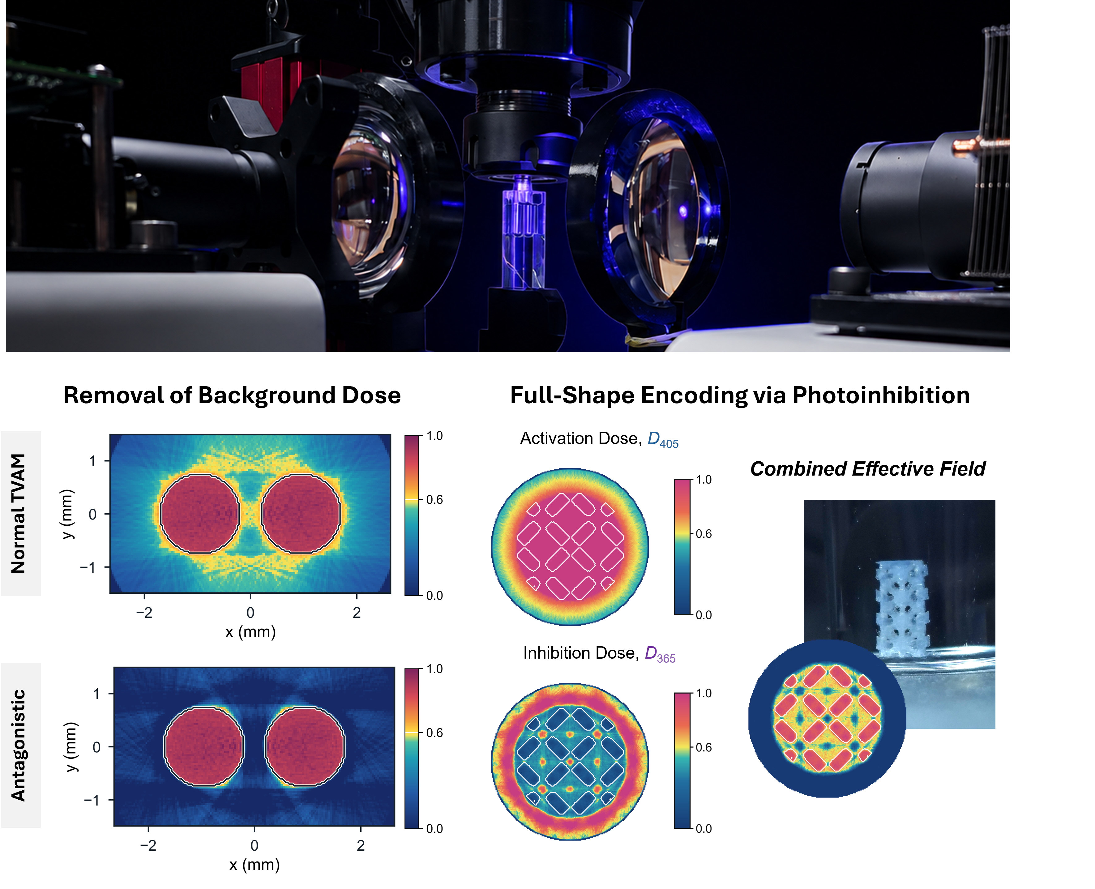 Optical setup and dose maps for activating and inhibiting light in dual-wavelength volumetric printing